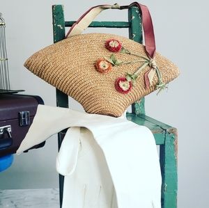 Vintage 1930s Straw Hat Floral Purse with Ribbon Details